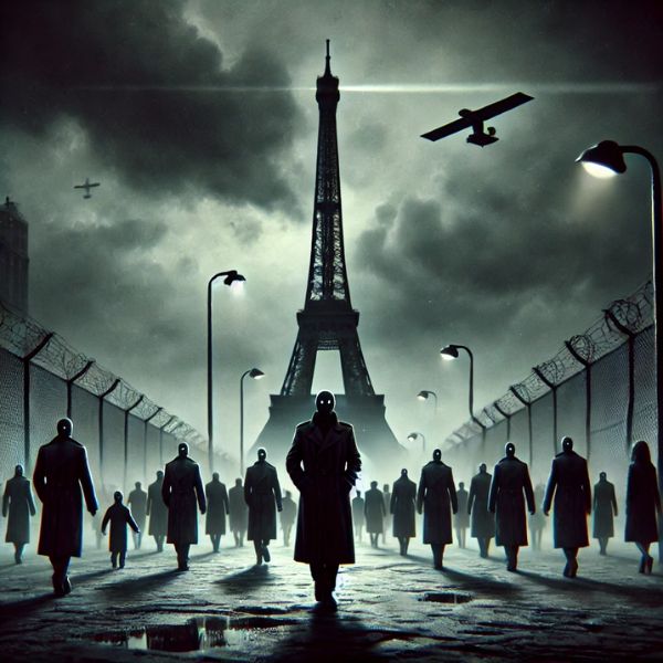 Una representación distópica de Europa con tonos dictatoriales, con una Torre Eiffel oscura y sombría al fondo, mientras multitudes de personas sin rostro caminan en primer plano, simbolizando la pérdida de la identidad y la libertad individual. | A dystopian depiction of Europe with dictatorial overtones, with a dark and gloomy Eiffel Tower in the background, while crowds of faceless people walk in the foreground, symbolizing the loss of identity and individual freedom.