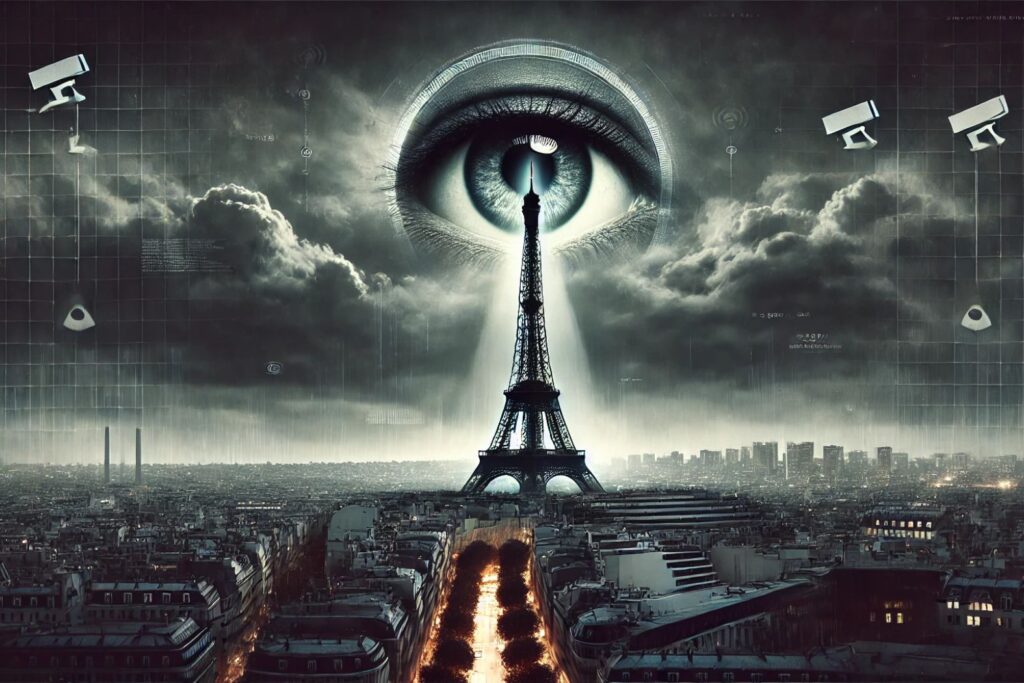 Una imagen dramática de la Torre Eiffel oscura y sombría, con un ojo omnipresente que todo lo ve en el cielo. El fondo incluye elementos de vigilancia y tecnología, evocando una atmósfera opresiva que simboliza el control y la pérdida de libertad en Europa después del arresto de pavel durov