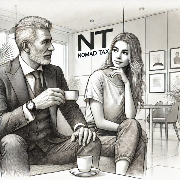 Dibujo realista a lápiz de un consultor mayor y una clienta joven discutiendo estrategias fiscales en una oficina moderna con el logotipo de Nomad Tax en la pared.