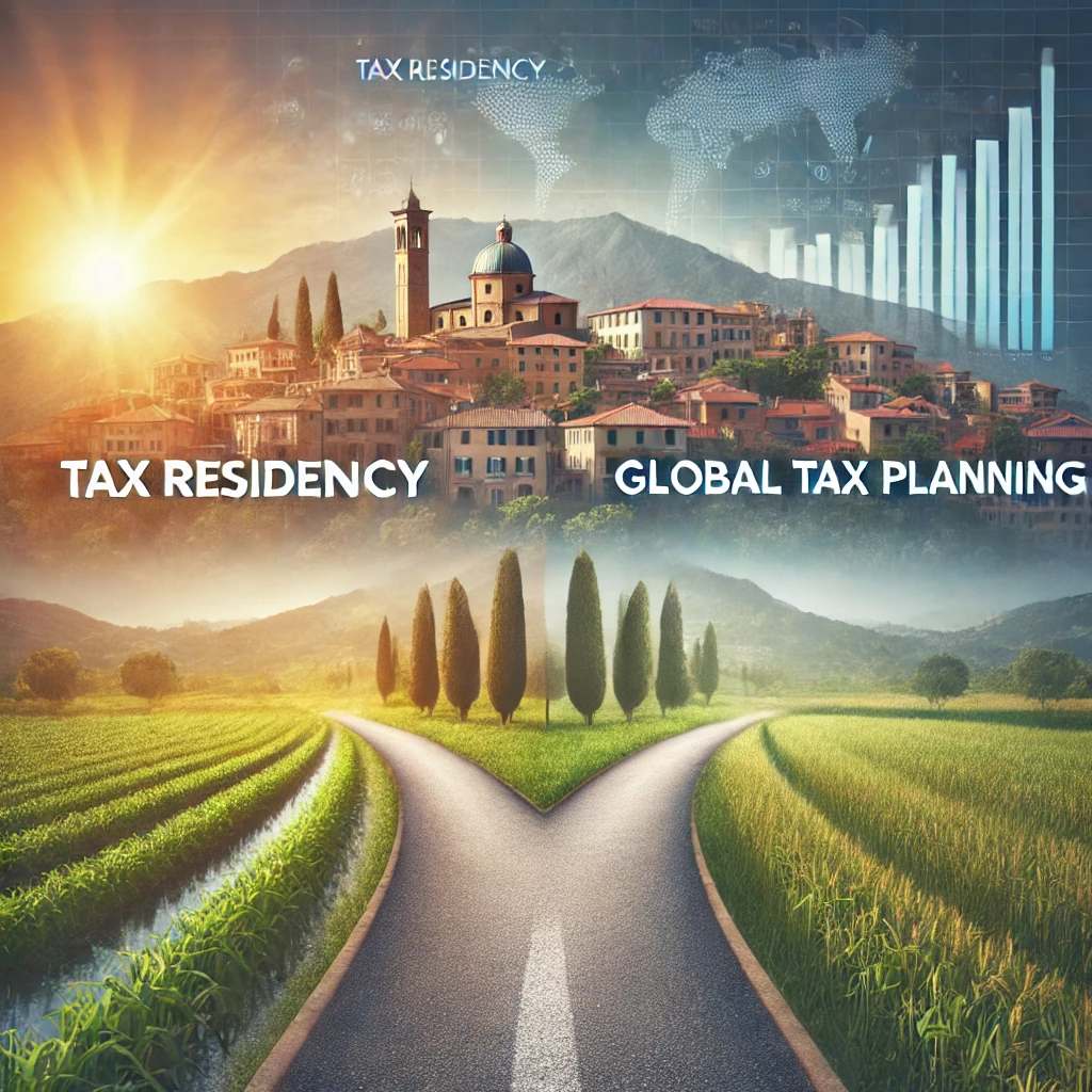 Split image showing paths to tax residency in Italy versus global tax planning, highlighting decisions in international tax strategy