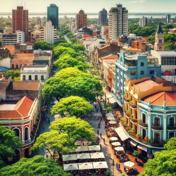 Vista vibrante del centro de Asunción, Paraguay, con arquitectura moderna y colonial, reflejando un ambiente tropical ideal para expats que buscan un costo de vida asequible.