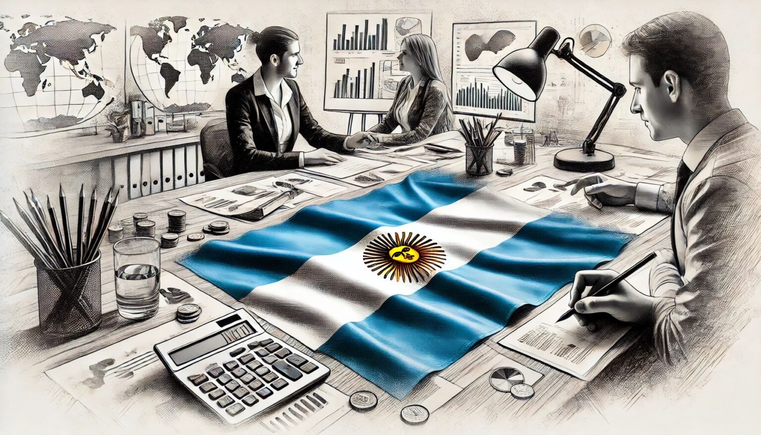 Dibujo en blanco y negro de una consulta fiscal, con la bandera argentina coloreada en azul, representando el acuerdo FATCA entre Argentina y EE.UU.