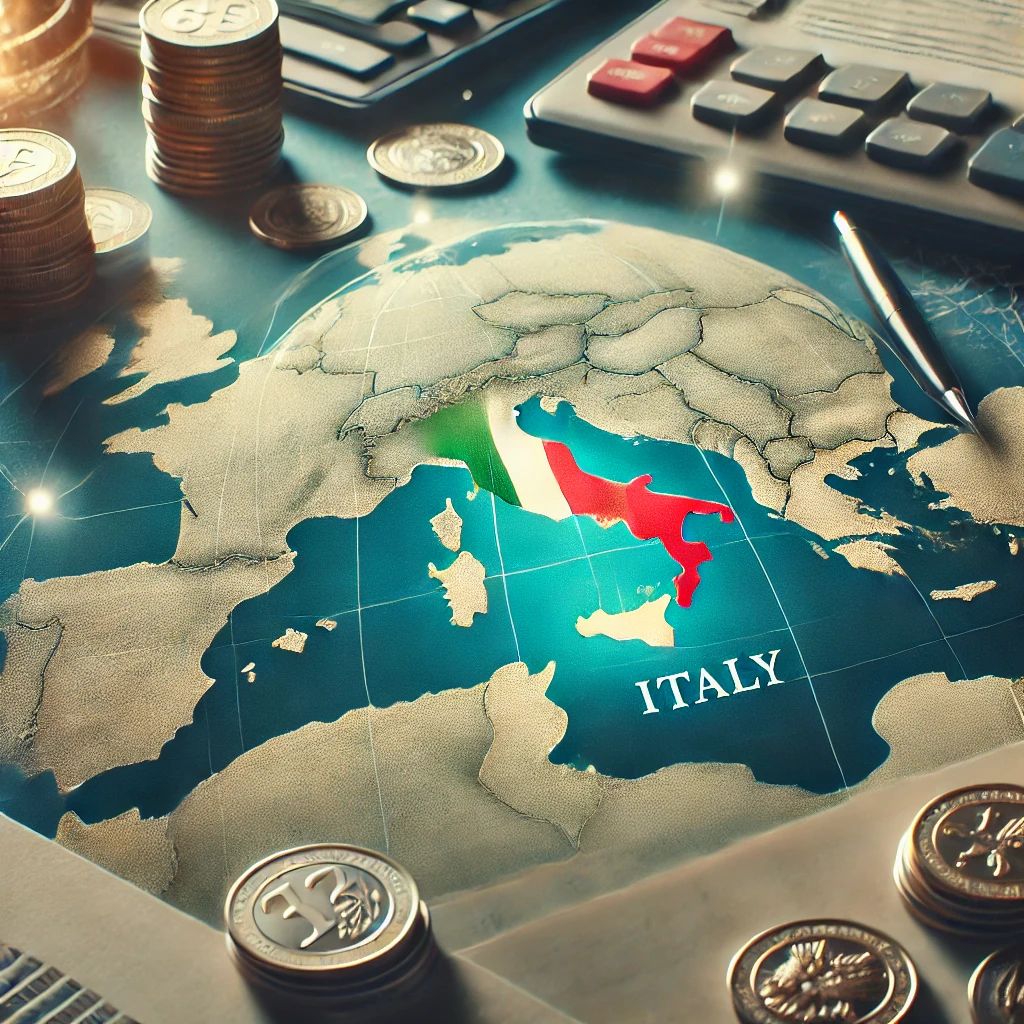 World map with Italy highlighted, surrounded by wealth symbols like coins and documents, representing international tax planning and wealth management || Mapa mundial con Italia destacada, rodeada de símbolos de riqueza como monedas y documentos, representando la planificación fiscal internacional y la gestión de patrimonios