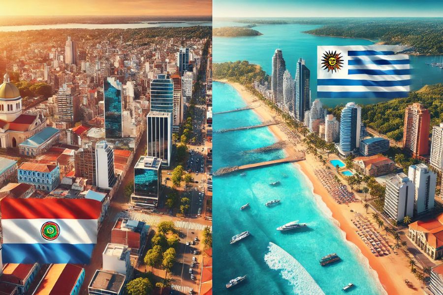 "Banner horizontal comparando Paraguay y Uruguay para expats, con el skyline tropical de Asunción y las playas de Punta del Este, mostrando las diferencias en estilo de vida y beneficios fiscales."