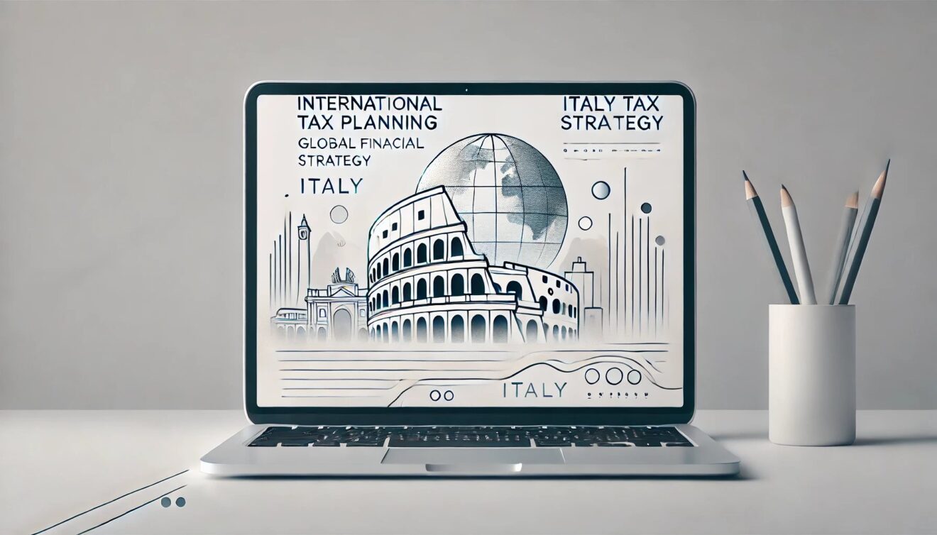 Minimalist blog cover featuring Italy’s Colosseum with modern lines, representing global financial strategy and international tax planning | Portada de blog minimalista que muestra el Coliseo de Italia con líneas modernas, representando la estrategia financiera global y la planificación fiscal internacional.