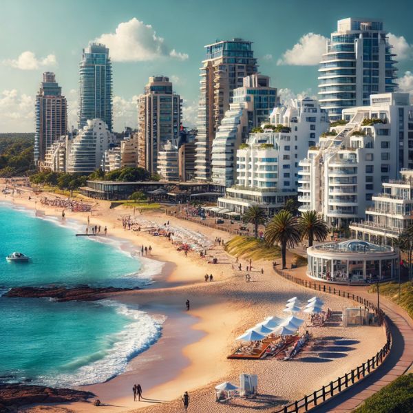 "Escena de playa en Punta del Este, Uruguay, con arenas blancas y aguas cristalinas, destacando el lujoso estilo de vida costero que atrae a expats y turistas."