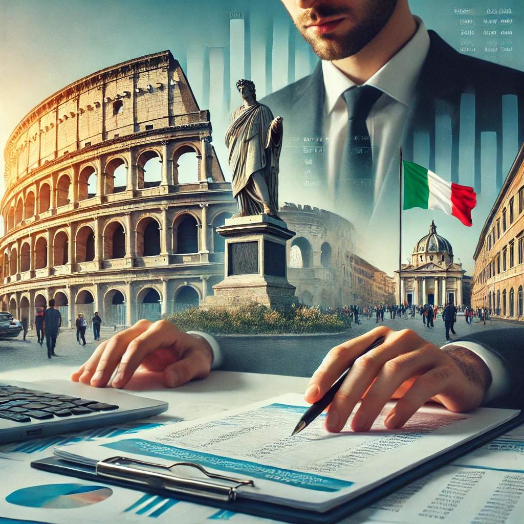 Person reviewing tax documents with the Colosseum in the background, symbolizing Italy tax residency and understanding Italy’s tax regimes.