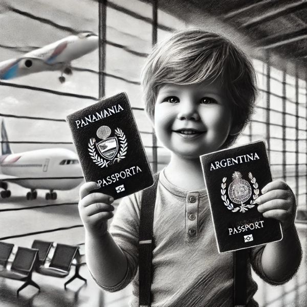 "Niño sosteniendo un pasaporte panameño y uno argentino en un aeropuerto.""Child holding a Panamanian and Argentine passport in an airport."