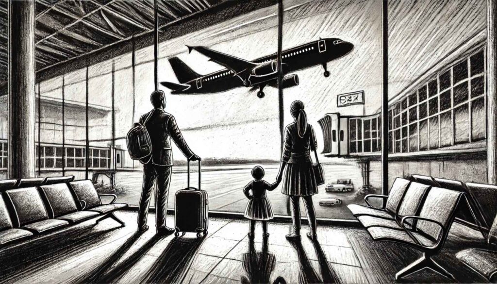 "Familia en un aeropuerto mirando por las ventanas hacia los aviones, lista para una aventura global.""Family at an airport looking out the windows at airplanes, ready for a global adventure."