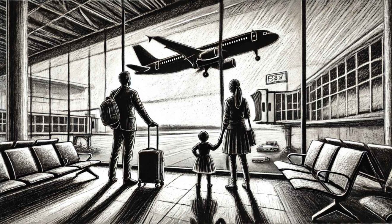 "Familia en un aeropuerto mirando por las ventanas hacia los aviones, lista para una aventura global." "Family at an airport looking out the windows at airplanes, ready for a global adventure."