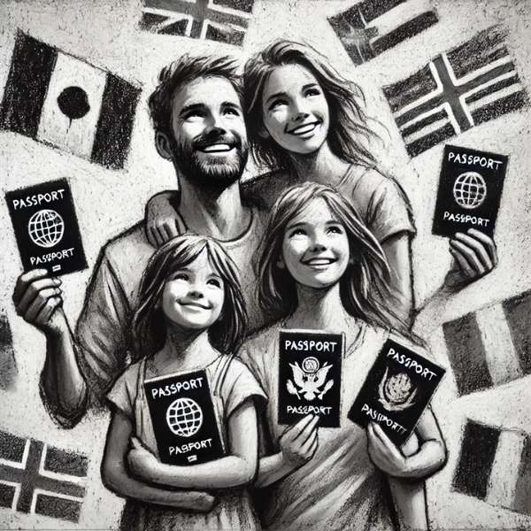 A family holding multiple passports, representing global citizenship. Una familia sosteniendo múltiples pasaportes, representando la ciudadanía global.