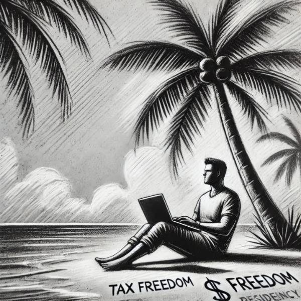 A digital nomad sitting on a tropical beach with a laptop. Un nómada digital sentado en una playa tropical con una laptop. Tributación Basada en la Ciudadanía en Europa: ¿El Fin de la Libertad Financiera para los Eurpeos?