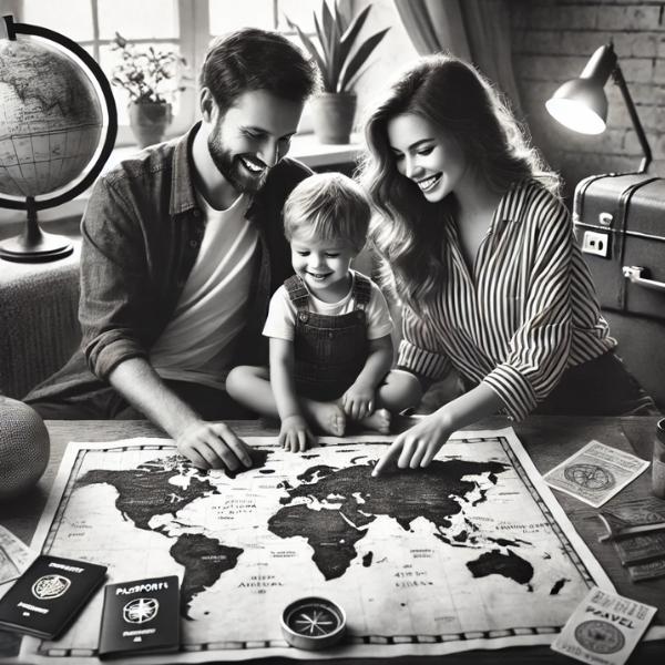 Pareja con su hijo pequeño observando un mapa y planificando opciones de residencia global