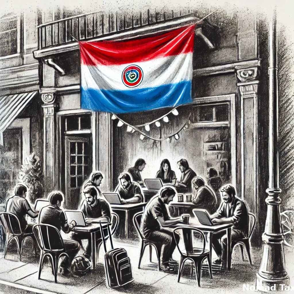 Emprendedores internacionales trabajando en un café en Asunción, con la fachada decorada con la bandera de Paraguay.