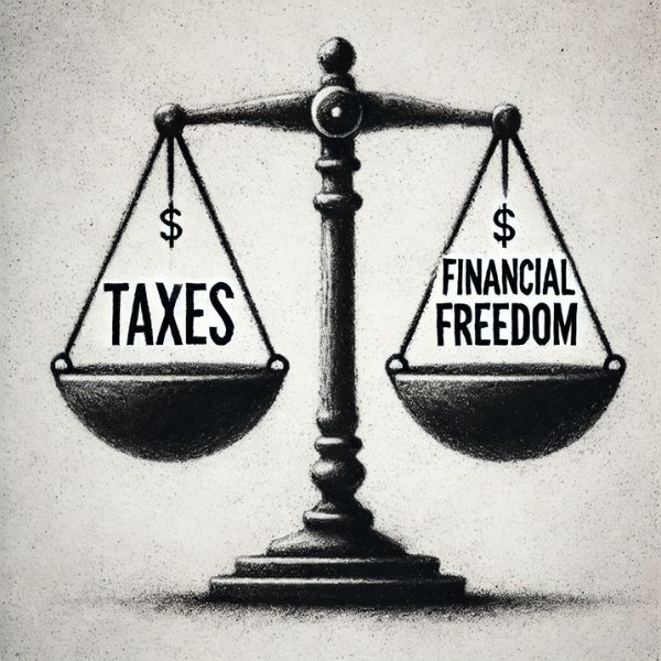  Balanza comparando “Impuestos” y “Libertad Financiera” en estilo carboncillo -  Charcoal balance comparing “Taxes” and “Financial Freedom”