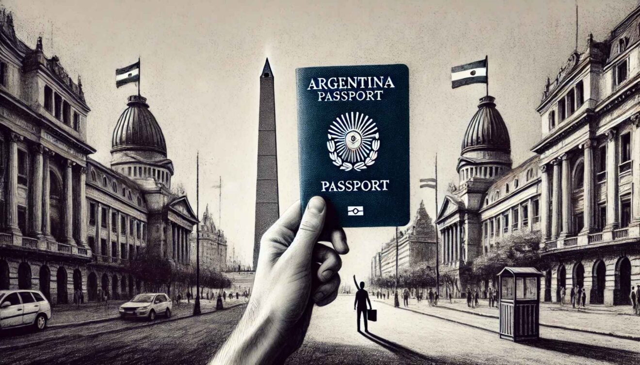 Español: Una mano sosteniendo un pasaporte argentino azul y blanco frente al Obelisco de Buenos Aires, simbolizando el logro de la ciudadanía argentina por naturalización. Inglés: A hand holding a blue and white Argentine passport in front of the Obelisco of Buenos Aires, symbolizing the achievement of Argentine citizenship by naturalization.