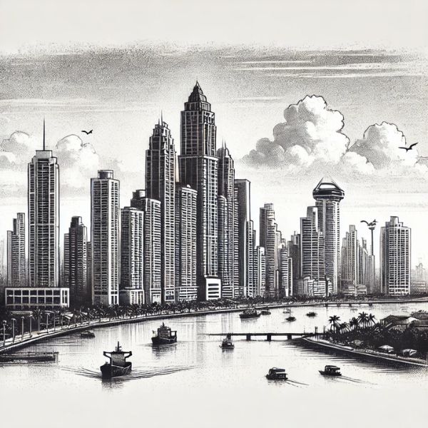 Skyline de Ciudad de Panamá en estilo carboncillo, representando uno de los mejores destinos para expatriados y emprendedores en América Latina. - Panama City skyline in charcoal style, representing one of the best destinations for expatriates and entrepreneurs in Latin America.