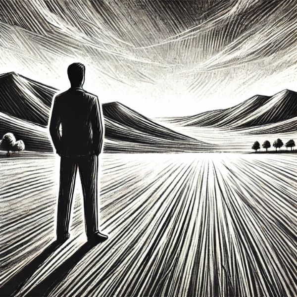 Persona observando un horizonte amplio en estilo carboncillo - Person looking at a wide horizon in charcoal style