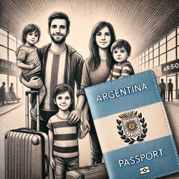 Una familia sonriente con maletas en un terminal de aeropuerto junto a un pasaporte argentino abierto con sellos. - 