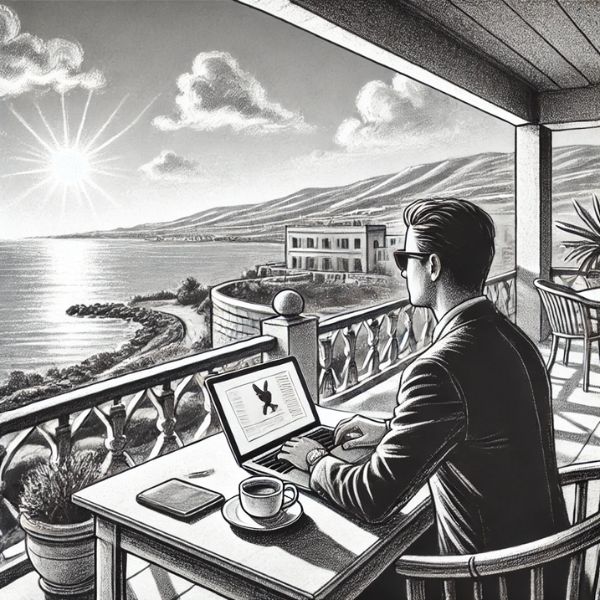 "Ilustración en carboncillo blanco y negro de un emprendedor trabajando en su laptop desde una terraza con vista al mar Mediterráneo en Chipre."