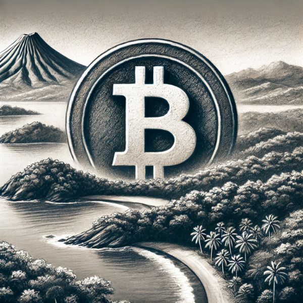 Dibujo en carboncillo del símbolo de Bitcoin integrado en un paisaje salvadoreño.