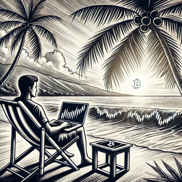 Un trader en una playa salvadoreña revisando gráficos de criptomonedas en su computadora portátil.