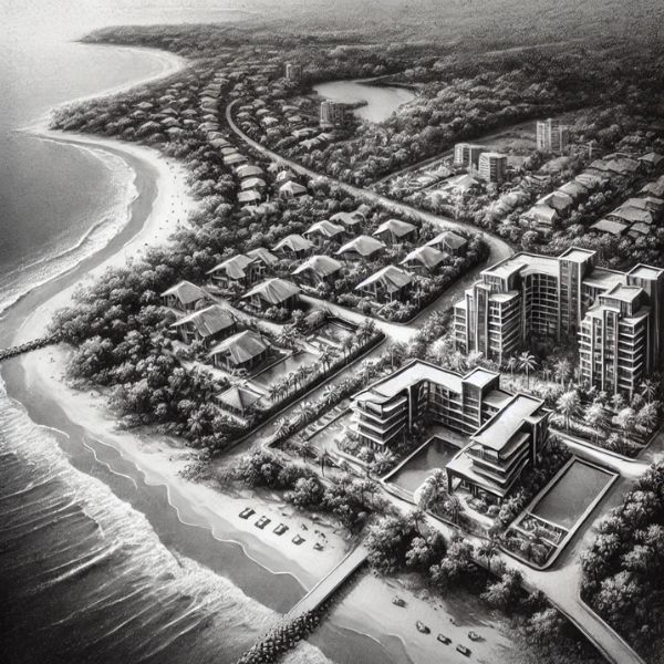 Dibujo en carboncillo de un proyecto inmobiliario junto a una playa de El Salvador.