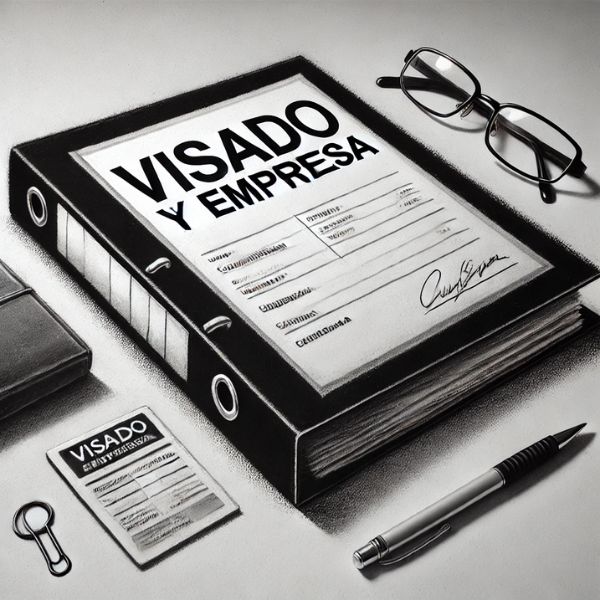 Dibujo en carboncillo de una carpeta etiquetada “Visado y Empresa” con un bolígrafo al lado, simbolizando la preparación de documentación.