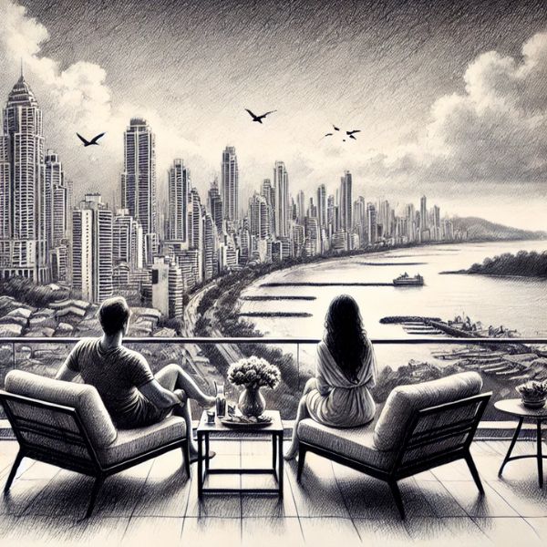 Dibujo en carboncillo de una pareja jubilada relajándose en una terraza con vistas al paisaje urbano de Panamá.