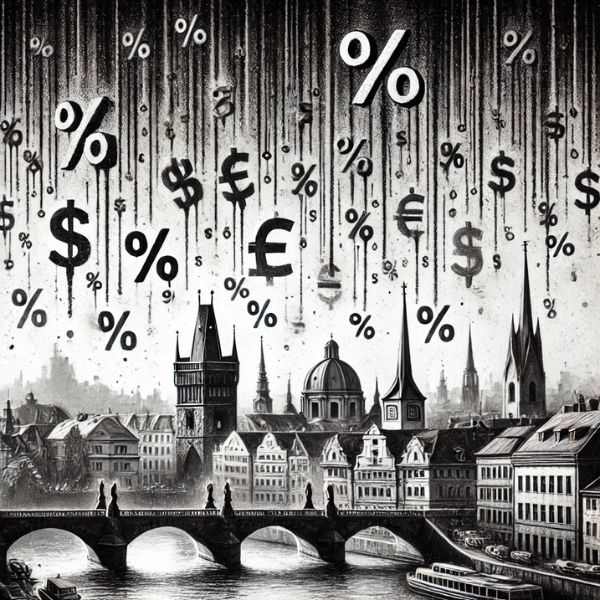 "Ilustración en carboncillo blanco y negro de impuestos cayendo como lluvia sobre edificios de una ciudad europea, simbolizando la presión fiscal."