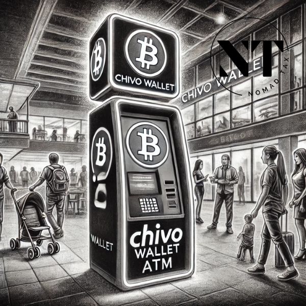 Cajero Chivo Wallet en un lugar público de El Salvador, con personas interactuando con la tecnología de Bitcoin.