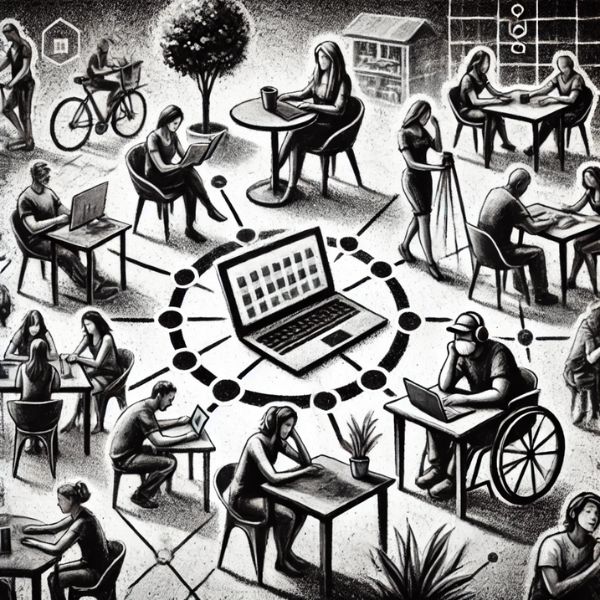 "Ilustración en carboncillo blanco y negro de personas trabajando en remoto en un café, un parque y una casa moderna, simbolizando la vida de los nómadas digitales."