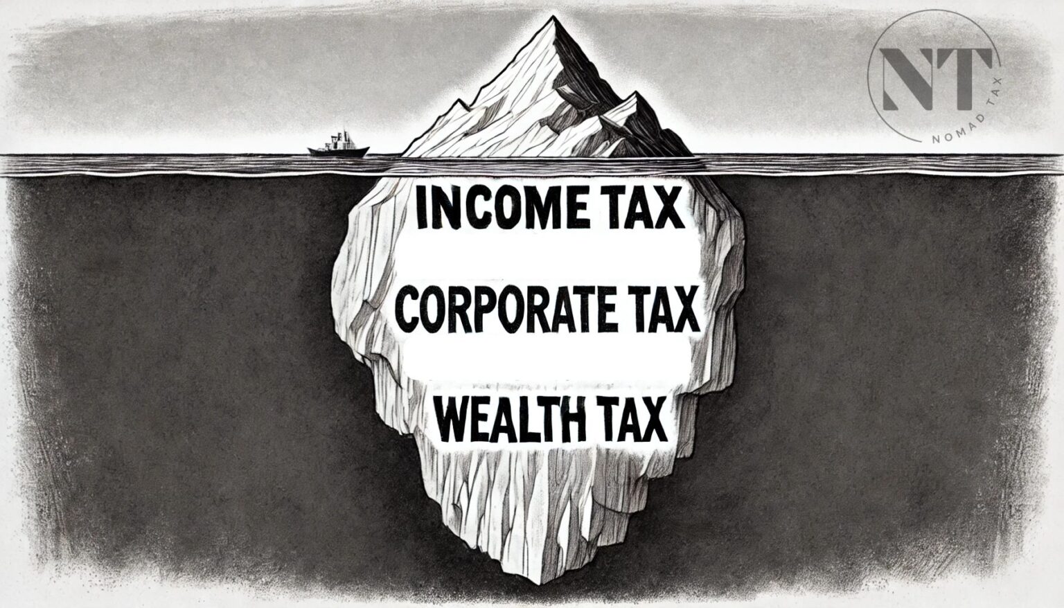 "Ilustración en carboncillo blanco y negro de un iceberg que muestra impuestos visibles como 'Income Tax' en la superficie y ocultos como 'Corporate Tax' y 'Wealth Tax' bajo el agua." tax comparison between Ireland and Cyprus