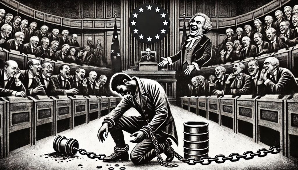 Ilustración en carboncillo de un ciudadano de la UE encadenado y esclavizado en un parlamento, mientras políticos ríen a su costa, simbolizando el control y opresión del Registro de Activos de la UE.