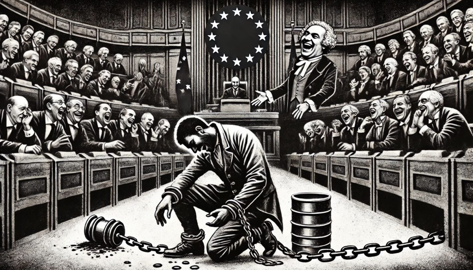 Ilustración en carboncillo de un ciudadano de la UE encadenado y esclavizado en un parlamento, mientras políticos ríen a su costa, simbolizando el control y opresión del Registro de Activos de la UE. - Charcoal illustration of an EU citizen chained and enslaved in a parliament, while politicians laugh at his expense, symbolizing the control and oppression of the EU Assets Register.