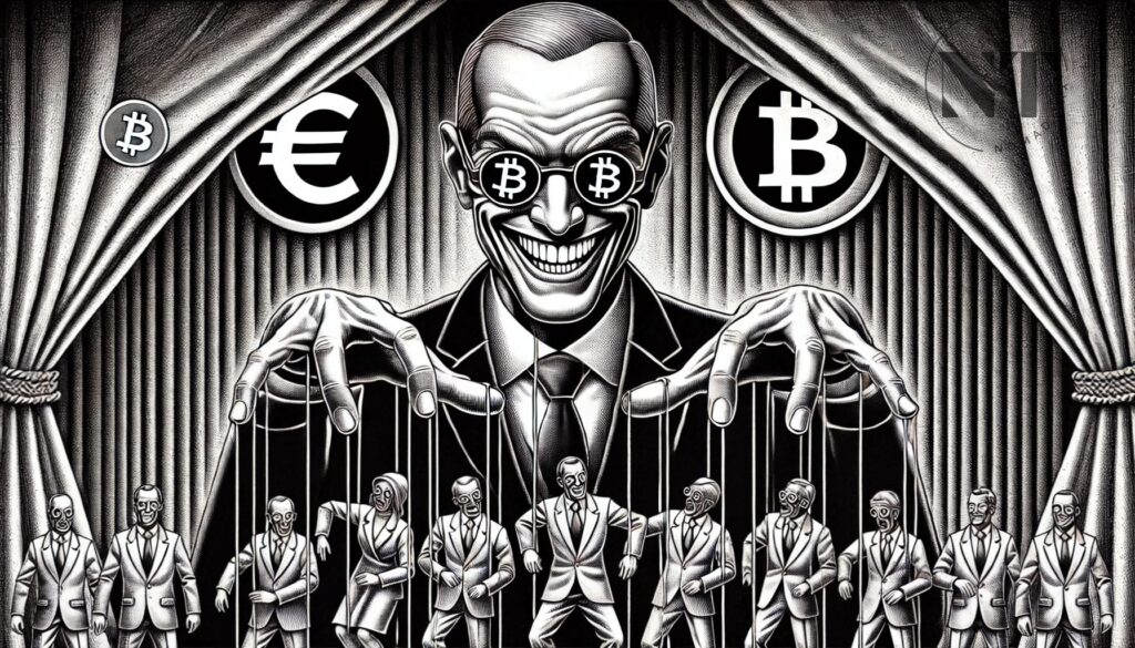 "Político siniestro en un escenario controlando marionetas humanas con el símbolo del euro reflejado en sus gafas. Crítica al control fiscal en Europa." Criptomonedas en Europa: Impuestos y ganancias no realizadas