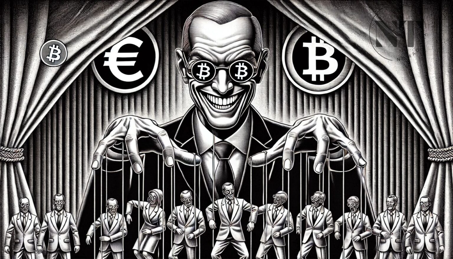 "Político siniestro en un escenario controlando marionetas humanas con el símbolo del euro reflejado en sus gafas. Crítica al control fiscal en Europa." Cryptocurrencies in Europe: Taxes and Unrealized Gains