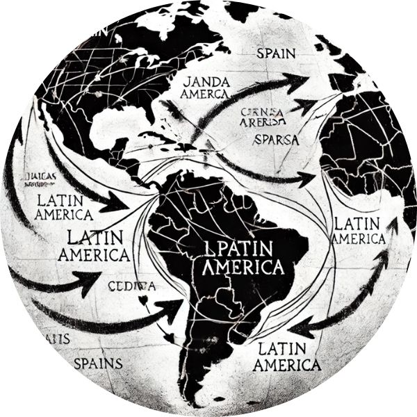 Mapa en blanco y negro de España y Latinoamérica con flechas indicando rutas de migración.