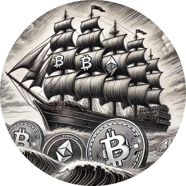  Ilustración en carboncillo de un barco mercante navegando aguas turbulentas, cargado con monedas gigantes de Bitcoin y Ethereum, simbolizando a Panamá como un refugio financiero para criptomonedas.