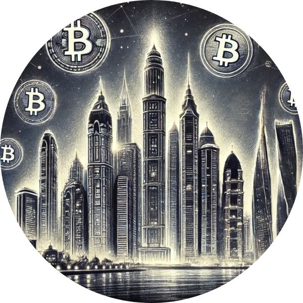  Ilustración en carboncillo de un skyline futurista de Dubái, con rascacielos construidos con bloques de Bitcoin y símbolos de criptomonedas iluminando la ciudad, representando su ecosistema financiero cripto-friendly.