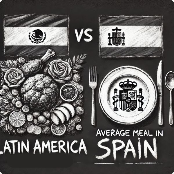 Comparación en blanco y negro de un plato gourmet en Latinoamérica y un plato promedio en España.