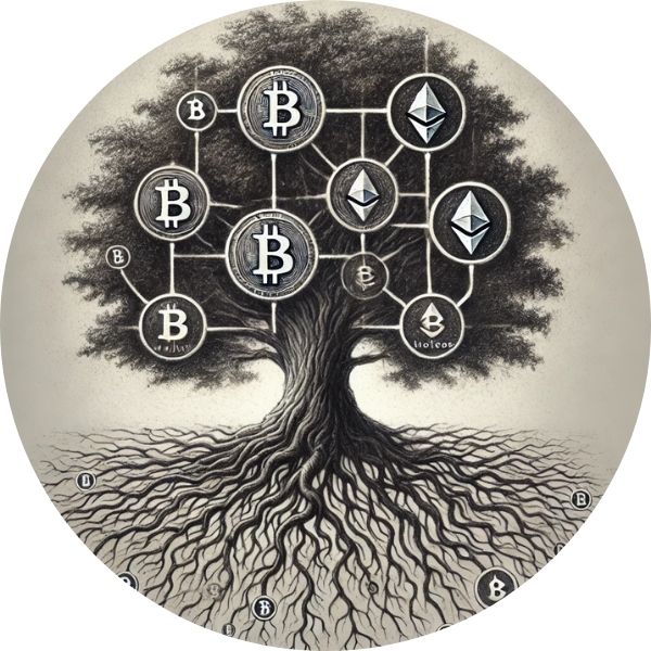  Ilustración en carboncillo de un árbol con raíces en forma de red blockchain, donde cada nodo conecta con criptomonedas como Bitcoin y Ethereum, simbolizando la fuerza de la descentralización financiera.