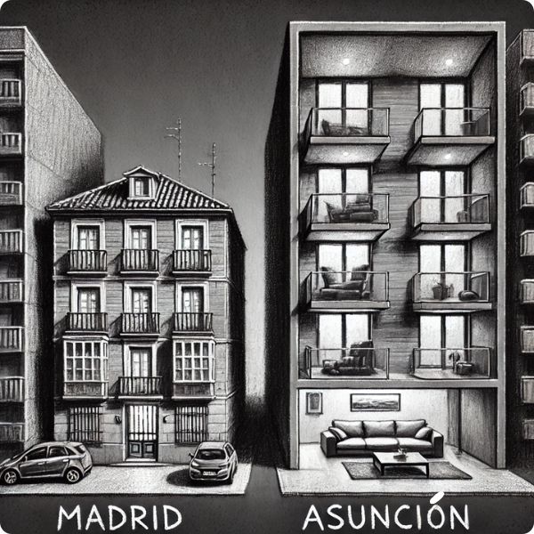 Comparación en blanco y negro de un apartamento en Madrid y otro en Asunción con el mismo presupuesto.