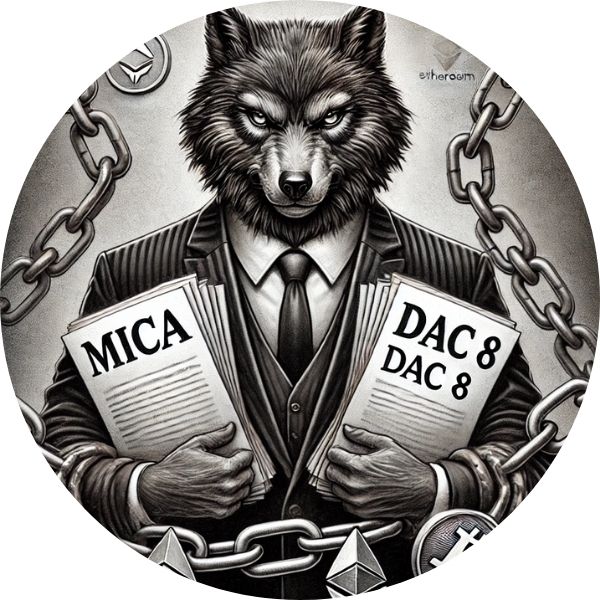 Ilustración en carboncillo de un lobo con traje sosteniendo documentos de la UE con las inscripciones “MiCA” y “DAC 8”, mientras criptomonedas como Bitcoin y Ethereum quedan atrapadas en cadenas, simbolizando el control financiero europeo.