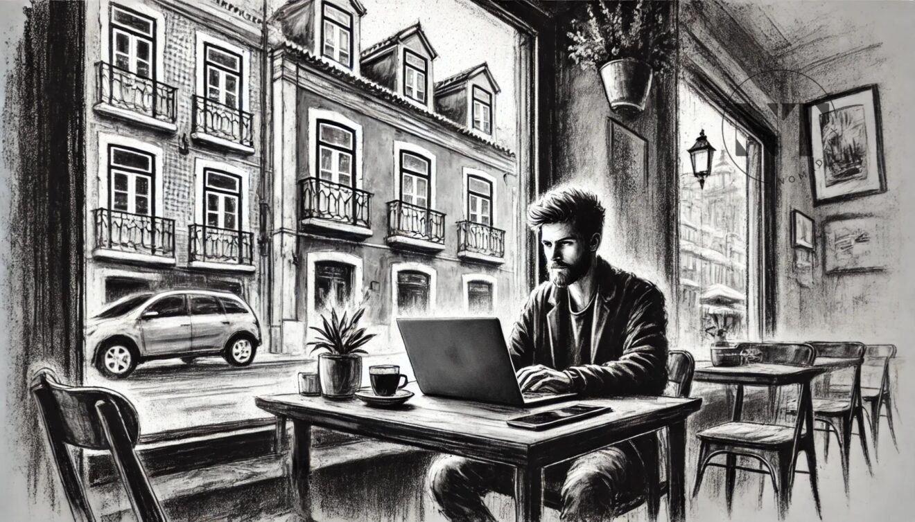 Persona trabajando como nómada digital en un café de Lisboa. Descripción: Un nómada digital disfrutando del estilo de vida flexible, trabajando desde un café en Lisboa. Un escenario ideal para quienes buscan libertad financiera mientras disfrutan de una ciudad vibrante sin Errores Fiscales de los Nómadas Digitales