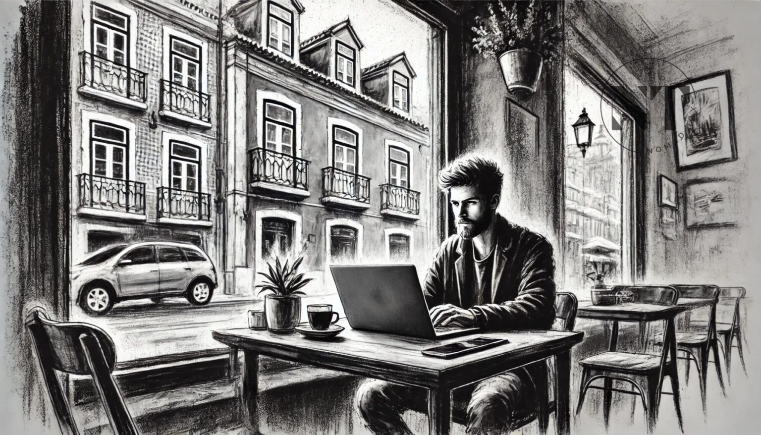 Persona trabajando como nómada digital en un café de Lisboa. Descripción: Un nómada digital disfrutando del estilo de vida flexible, trabajando desde un café en Lisboa. Un escenario ideal para quienes buscan libertad financiera mientras disfrutan de una ciudad vibrante.