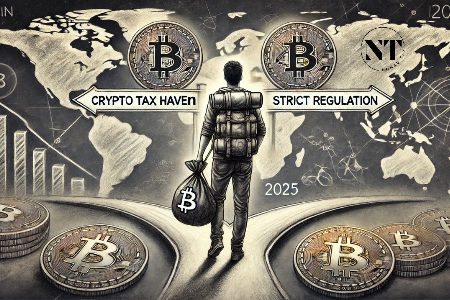 Ilustración en carboncillo de un nómada digital con una mochila llena de Bitcoin caminando sobre un mapa del mundo. Se encuentra en un cruce de caminos, con señales que indican “Paraíso Fiscal Cripto” y “Regulación Total”. La imagen representa la decisión global sobre países amigables con criptomonedas en 2025