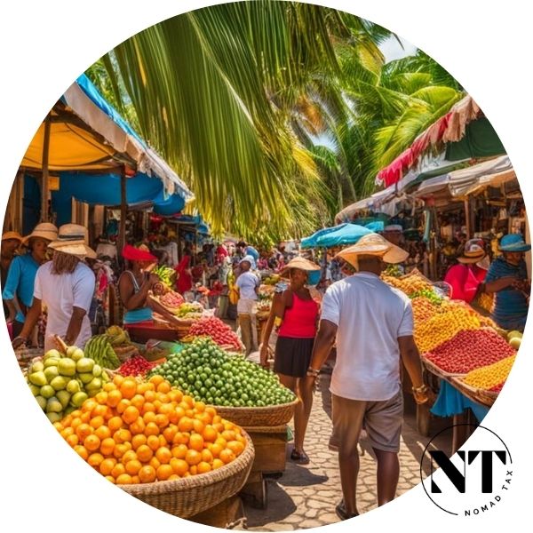  Vibrant local market scene in the Dominican Republic, showcasing fresh produce, tropical fruits, and colorful vendor stalls.