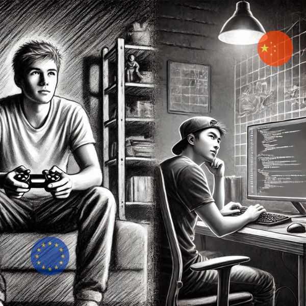 Comparación entre un joven europeo jugando videojuegos y un joven asiático programando en una startup.