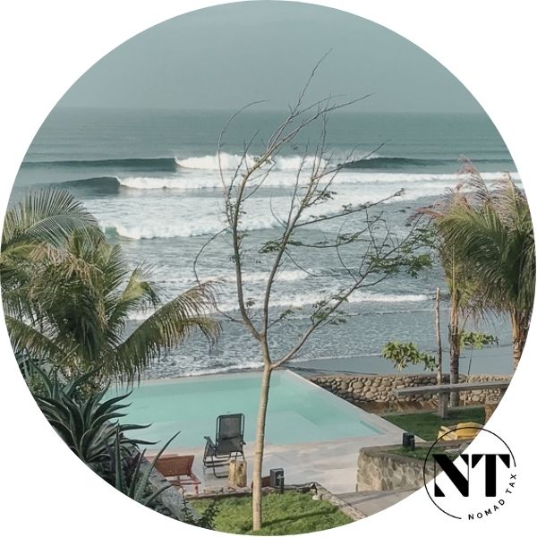 A scenic view of Surf City, El Salvador, featuring golden beaches, surfers riding waves, and a vibrant coastal atmosphere.